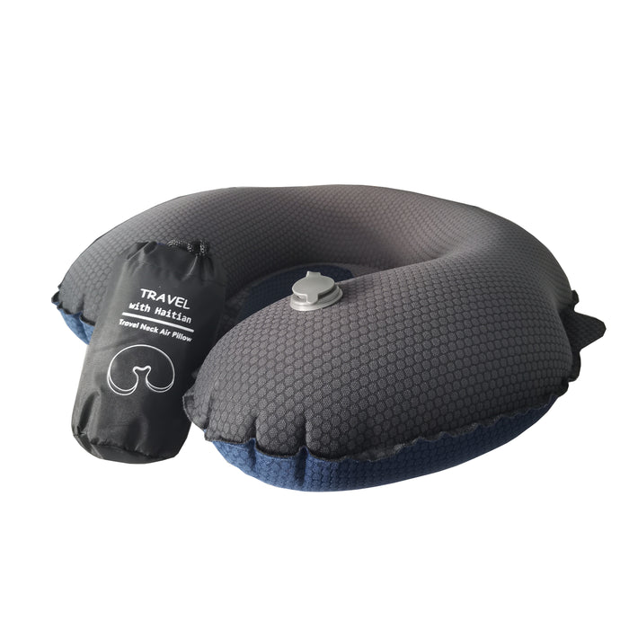 HAITIAN Inflatable Travel Pillow Soft & Durable Neck Support Pillows for Airplanes & Train traveling,With Portable Packing Bag- Navy Blue