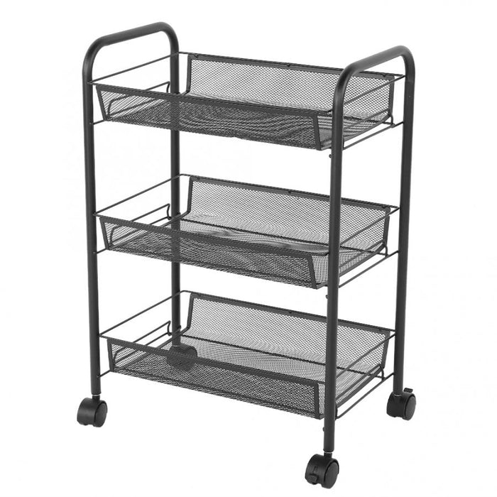 3 Tiers Mesh Shelf Rolling Wheels Kitchen Metal Trolley Cart Hair Salon Storage Rack Black