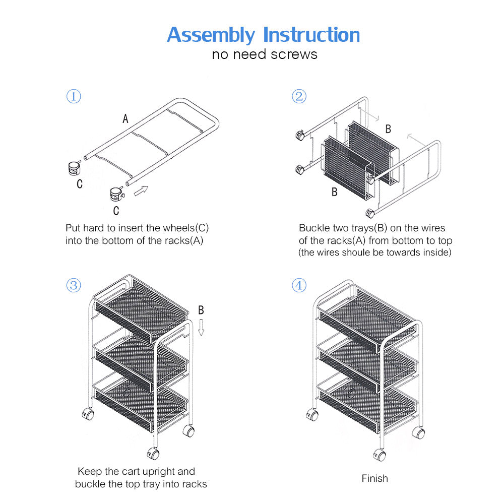 Hot Multifunctional 3-Tier Storage Rack Mesh Wire Rolling Cart Kitchen Bedroom Bathroom Living Storage Rack Organizer